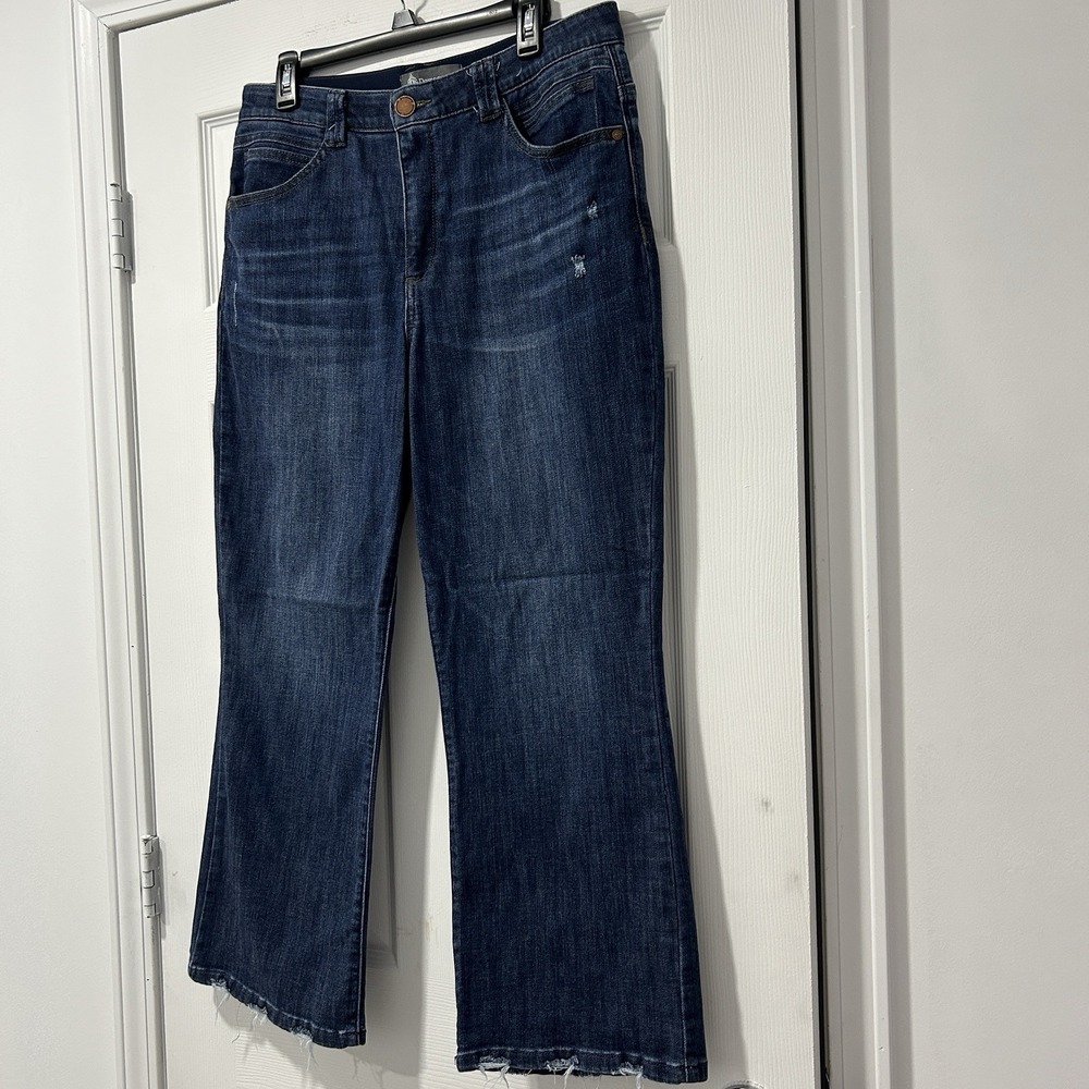 Democracy Jeans Ab Technology Bootcut Women's Size 14 Stretch Dark Wash Distress - Picture 2 of 13